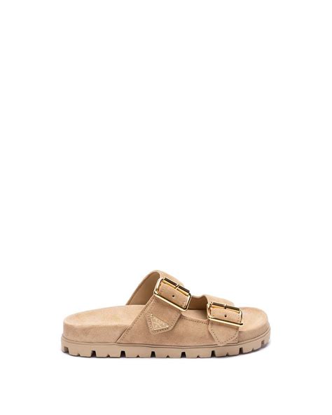 prada double buckle suede sandals.